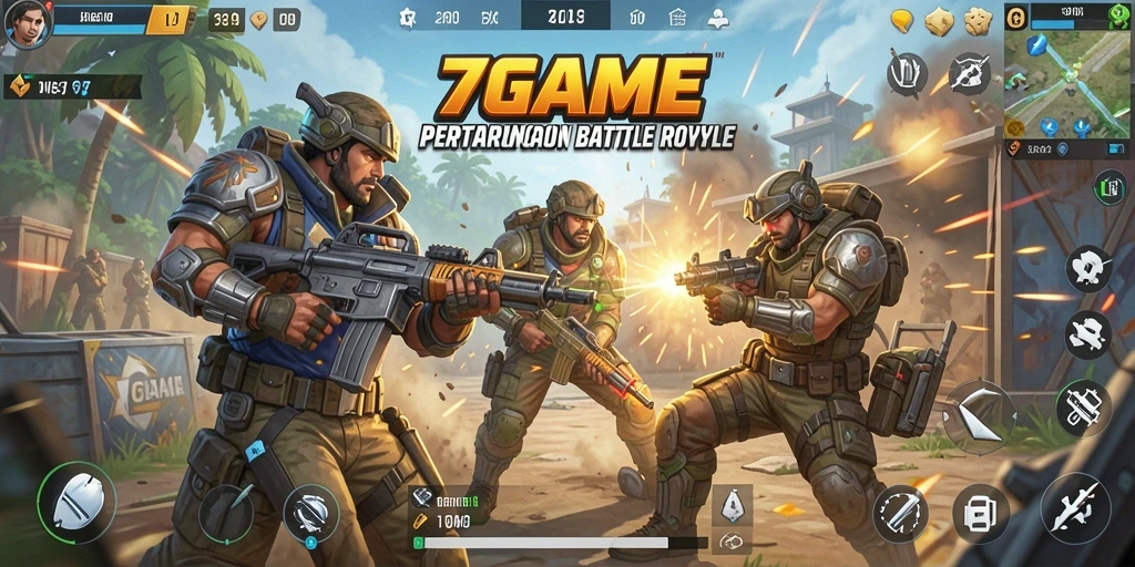 Gameplay mendebarkan dengan aksi Battle Royale di arena terbuka.