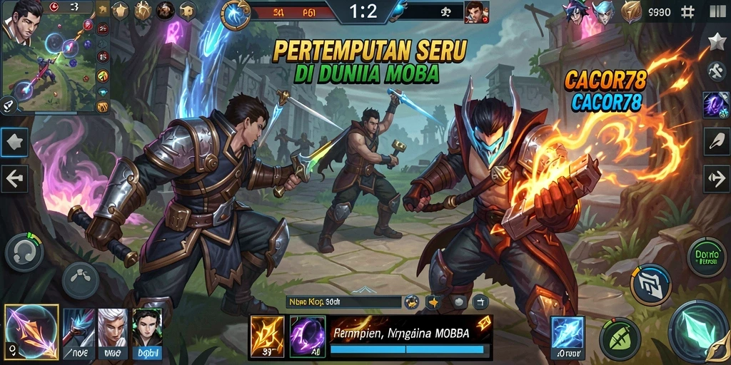 Tangkapan layar menampilkan pertarungan epik di arena permainan MOBA.
