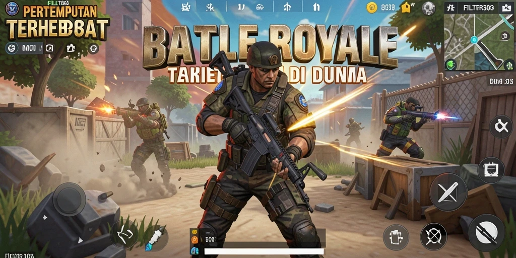 Screenshot gameplay FILTER303 menampilkan pertempuran intens di arena.