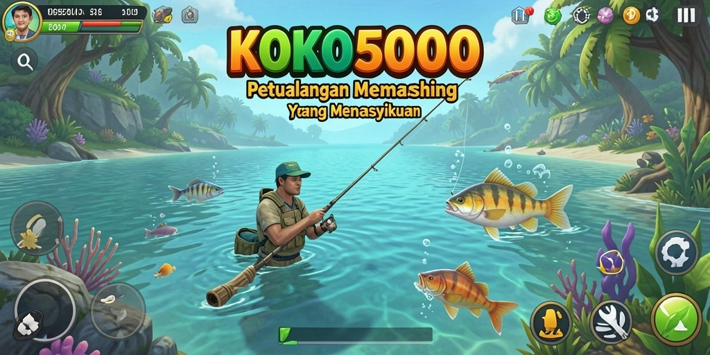 Screenshot dari gameplay KOKO5000 yang menunjukkan aktivitas memancing yang seru.