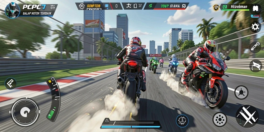 Gameplay mendebarkan di PCPC7 saat balapan motor.