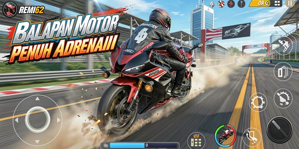 Tampilan gameplay menegangkan di REMI62 dengan motor balap di jalur yang penuh tantangan.