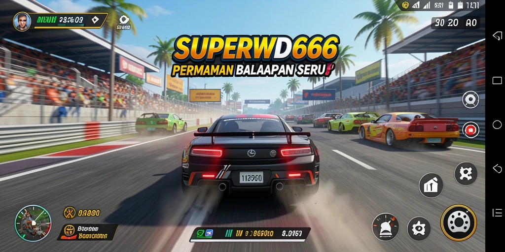 Screenshot utama SUPERWD666 menampilkan aksi balapan intens dan grafis menawan.
